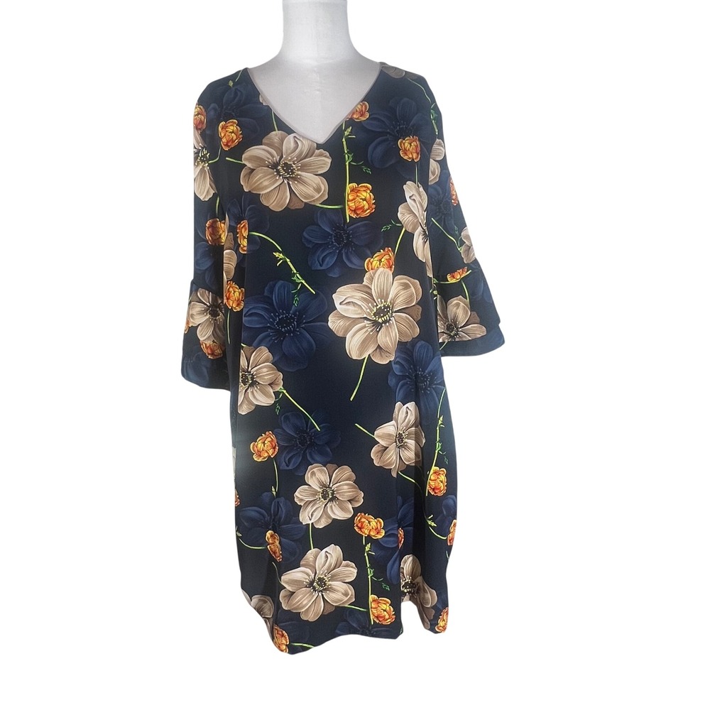 Belongsci‎ Womens Floral V-Neck Bell Sleeve Shift Dress Navy Blue Orange XL